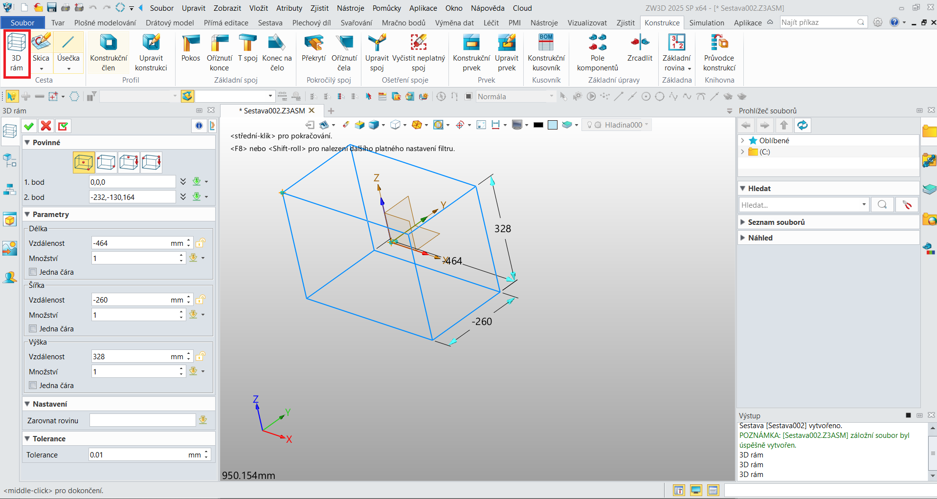 Modul konstrukce v ZW3D - 3D rám
