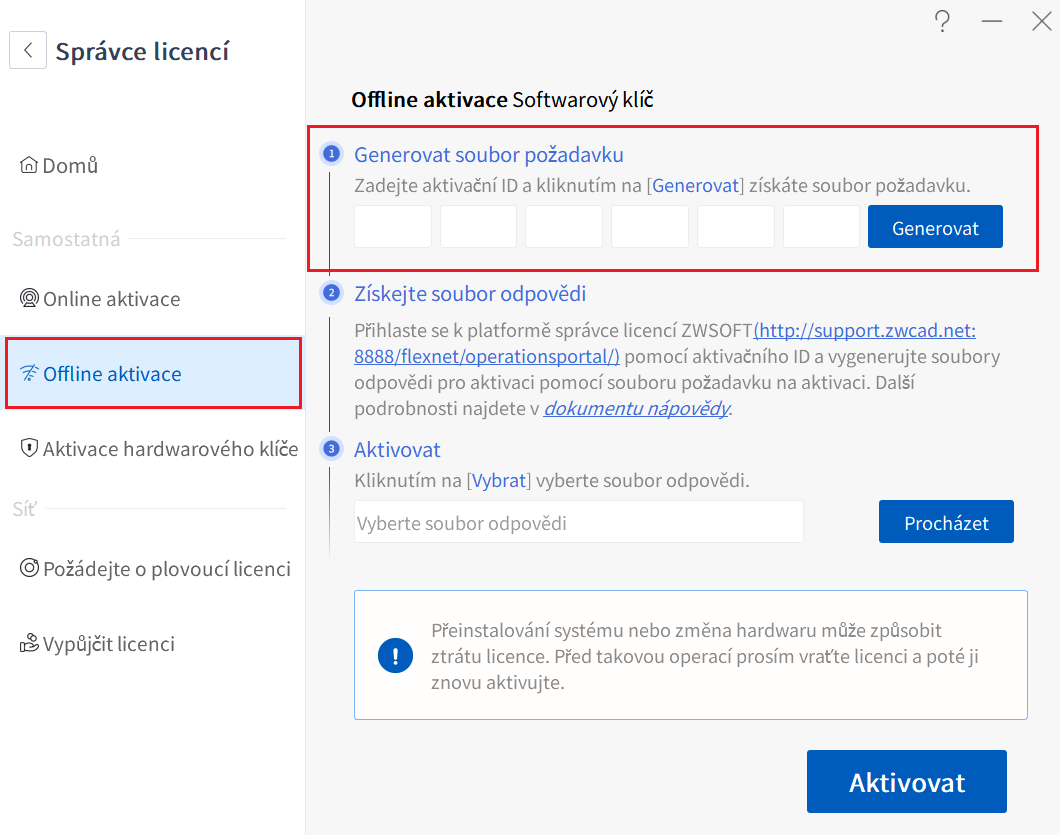 Offline aktivace v ZW3D - bod 1