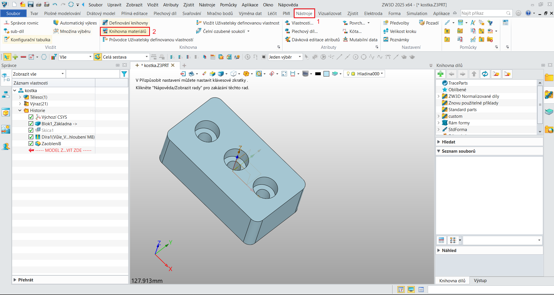 Přidání a nadefinování vlastního materiálu v ZW3D - bod 1