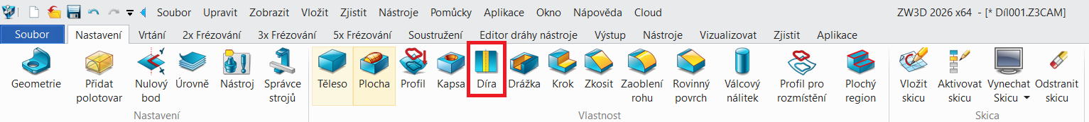 Vlastnost díra - CAM vrtání