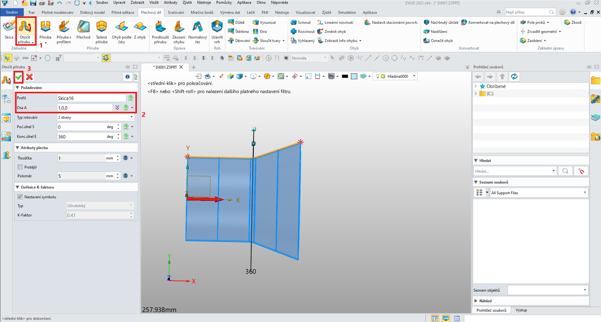 Rotace plechové příruby v ZW3D - krok 2