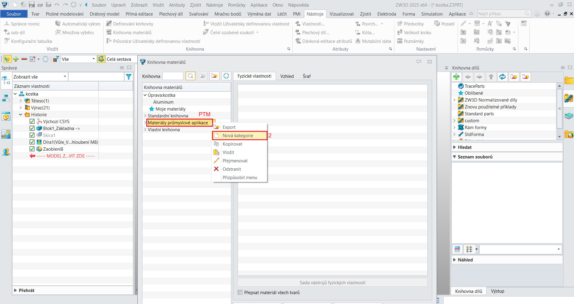 Přidání a nadefinování vlastního materiálu v ZW3D - bod 2