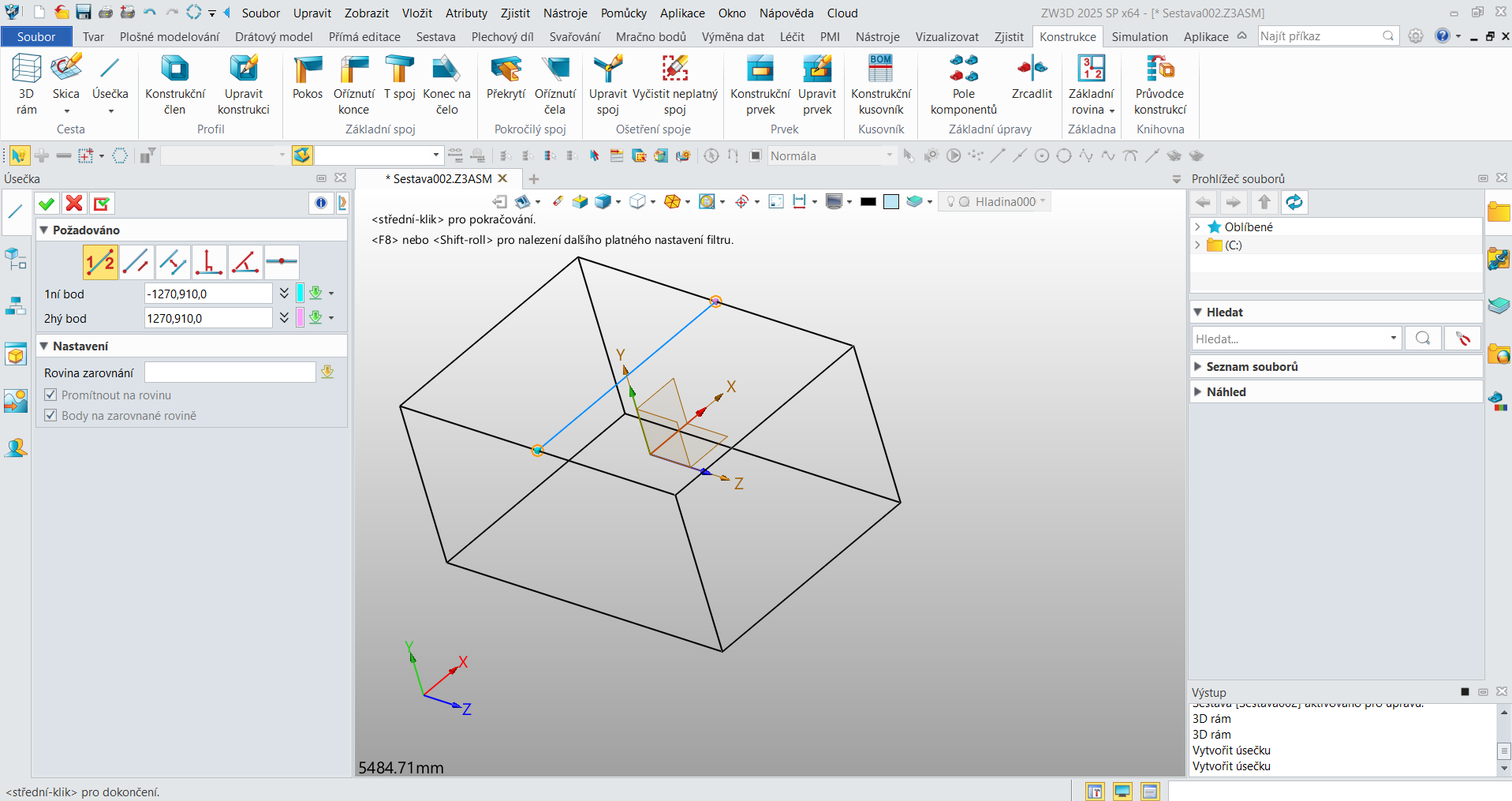 Modul konstrukce v ZW3D - 3D čára