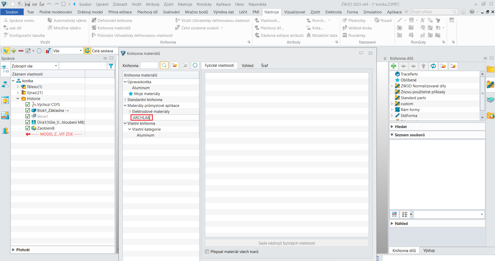 Přidání a nadefinování vlastního materiálu v ZW3D - bod 3