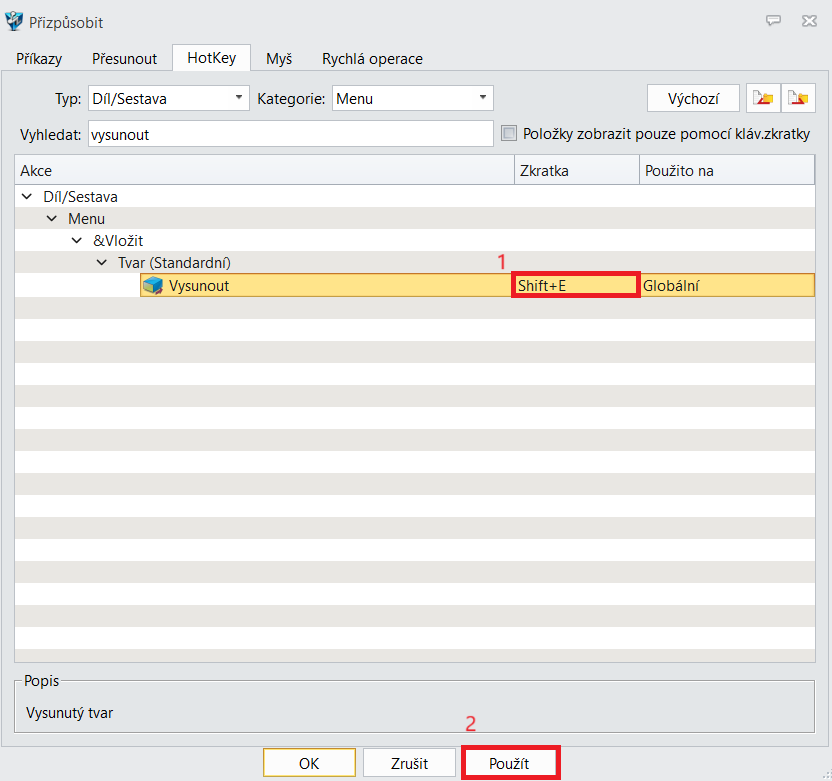 Klávesové zkratky v ZW3D - krok 4
