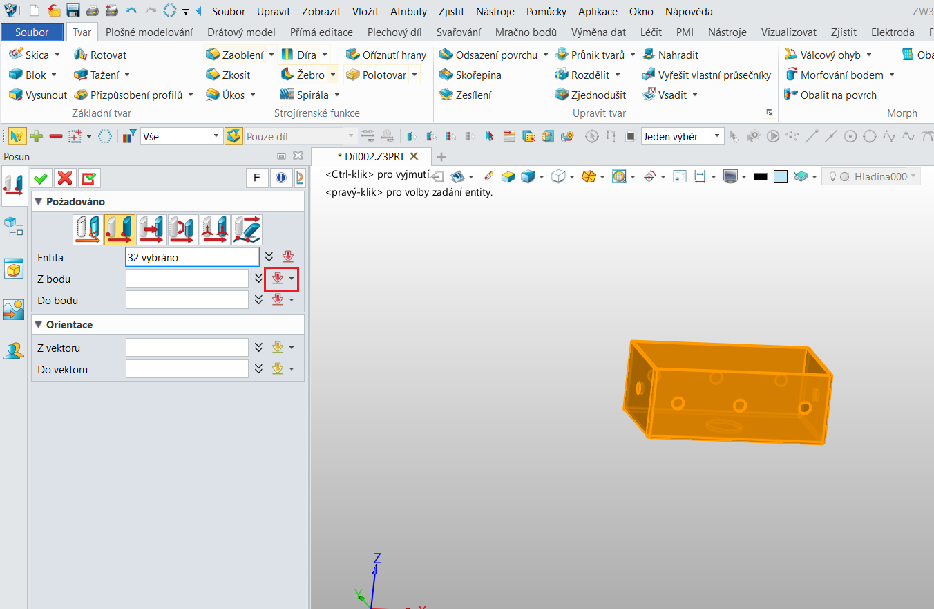 Posun importované součásti vůči souřadnému systému v ZW3D - krok 4