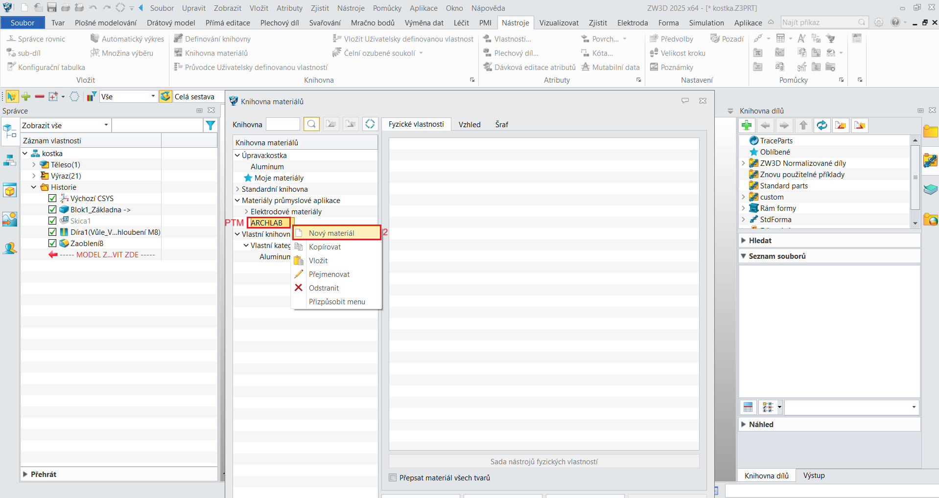 Přidání a nadefinování vlastního materiálu v ZW3D - bod 4