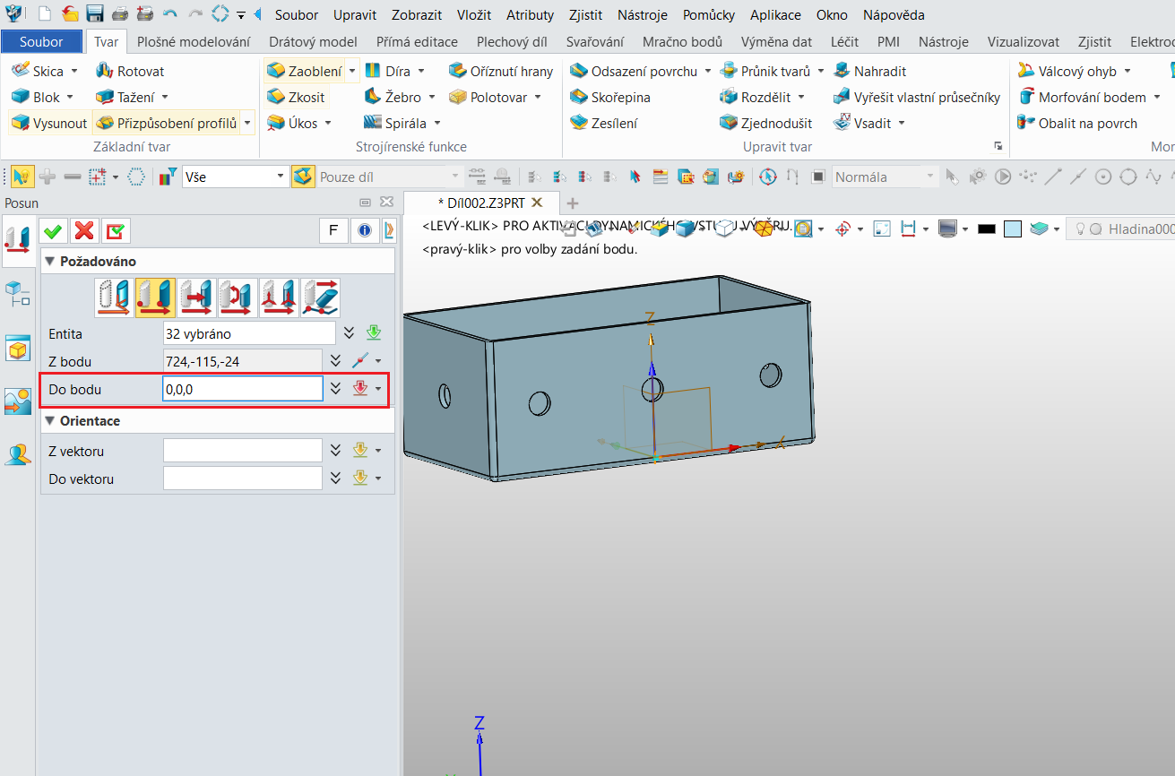 Posun importované součásti vůči souřadnému systému v ZW3D - krok 6