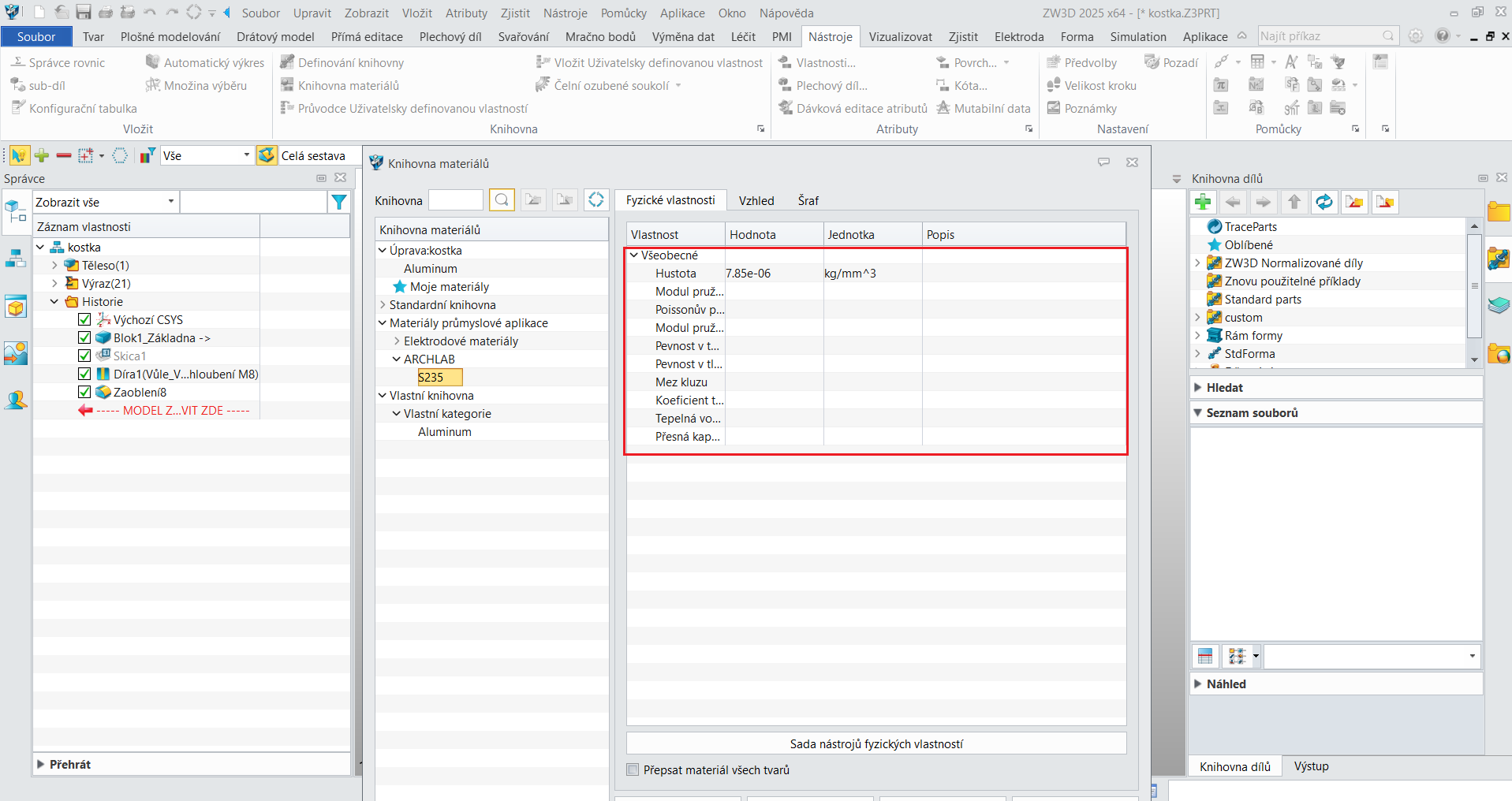 Přidání a nadefinování vlastního materiálu v ZW3D - bod 5