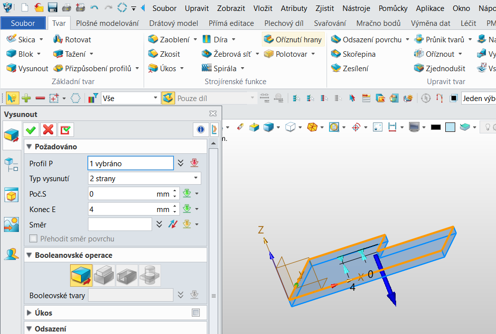 Tvorba vysunutí v ZW3D - profil P