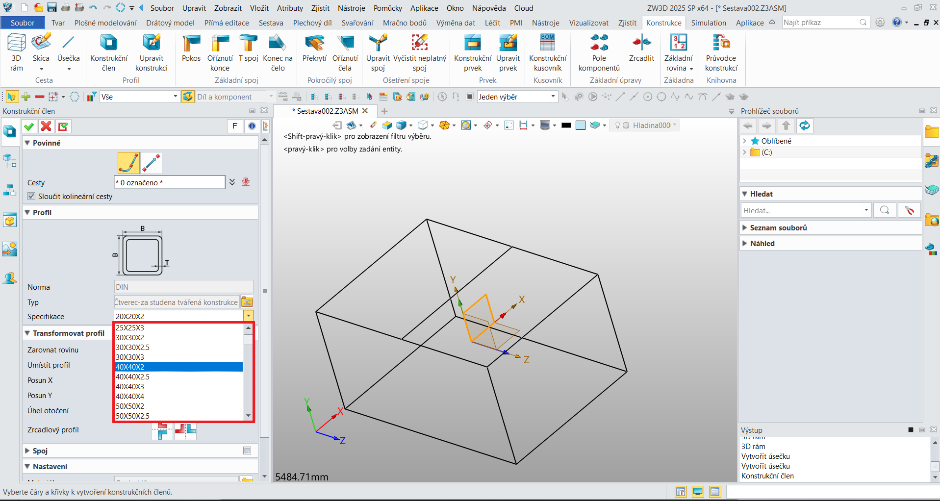 Modul konstrukce v ZW3D - specifikace rozměrů