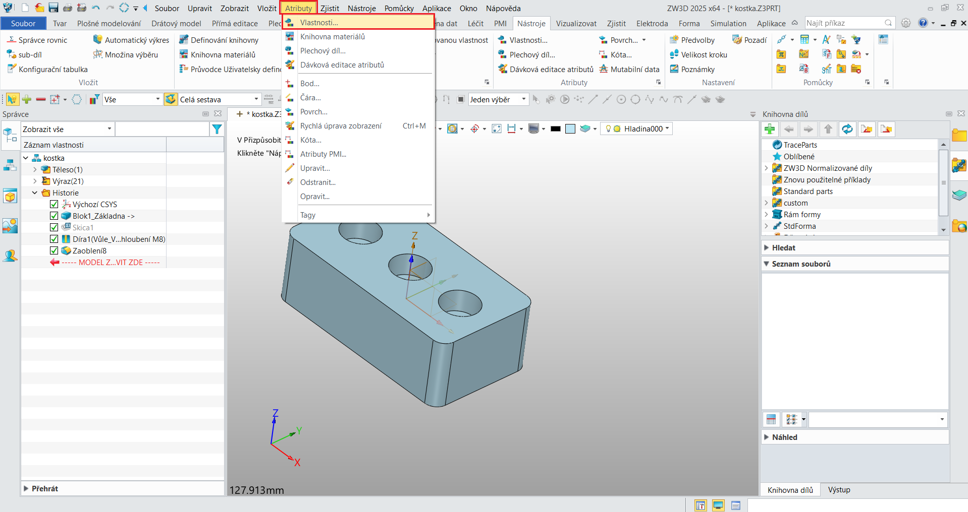 Přidání a nadefinování vlastního materiálu v ZW3D - bod 6