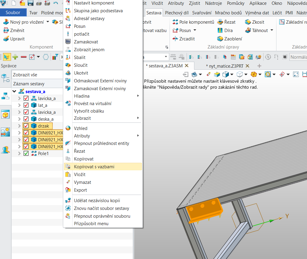 Funkce Kopírovat s vazbami v ZW3D u více dílů