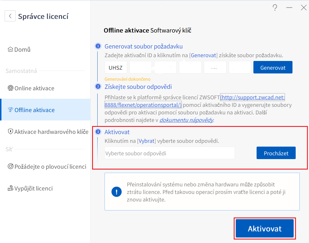 Offline aktivace v ZW3D - bod 7