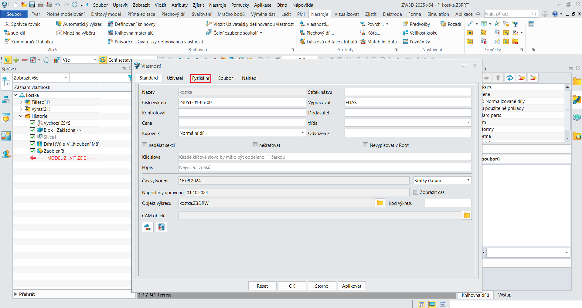 Přidání a nadefinování vlastního materiálu v ZW3D - bod 7