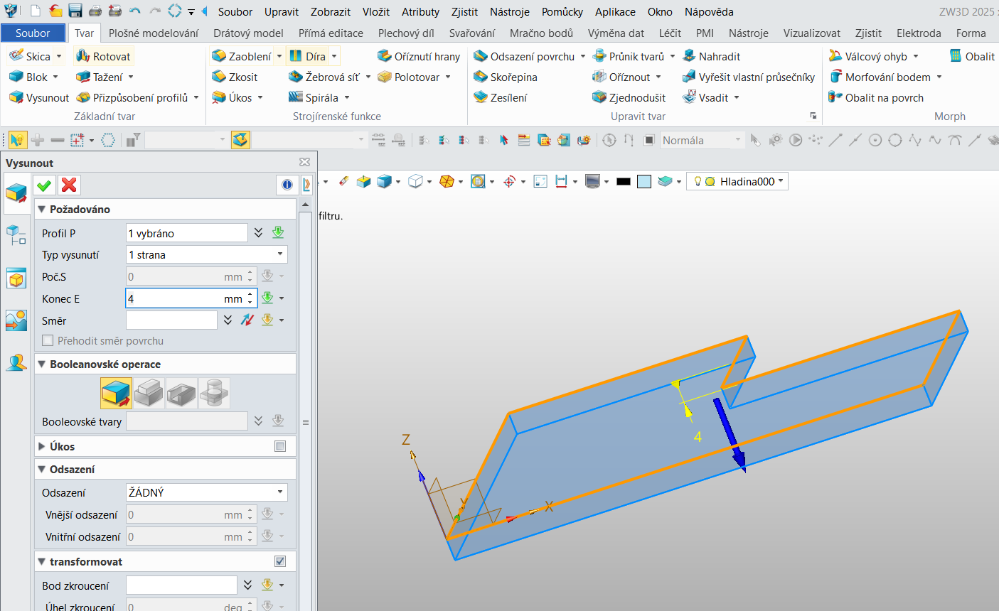 Tvorba vysunutí v ZW3D - typ vysunutí jedna strana