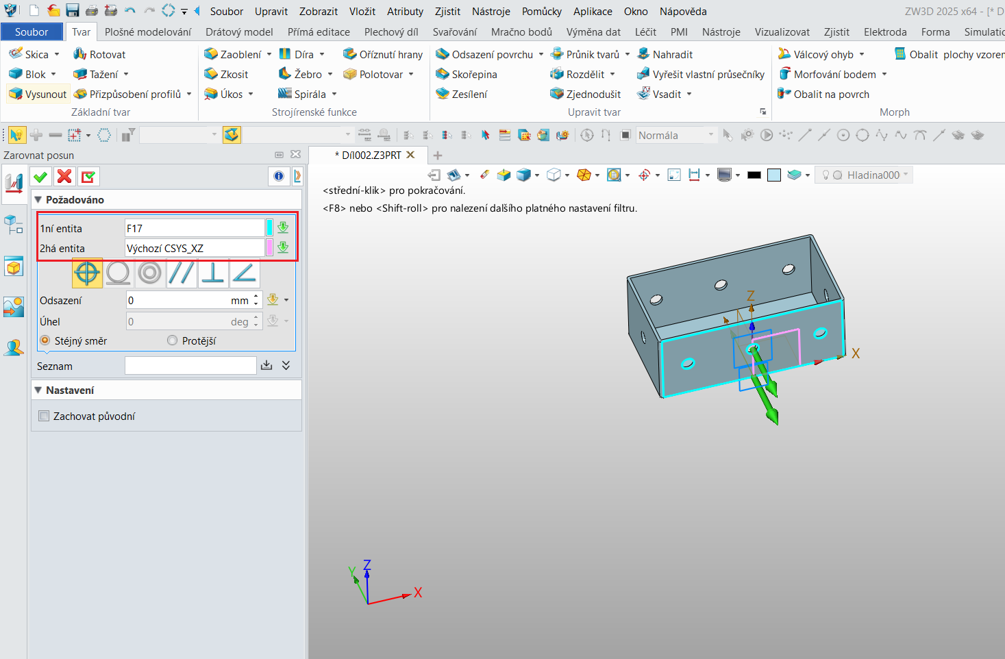 Posun importované součásti vůči souřadnému systému v ZW3D - krok 8