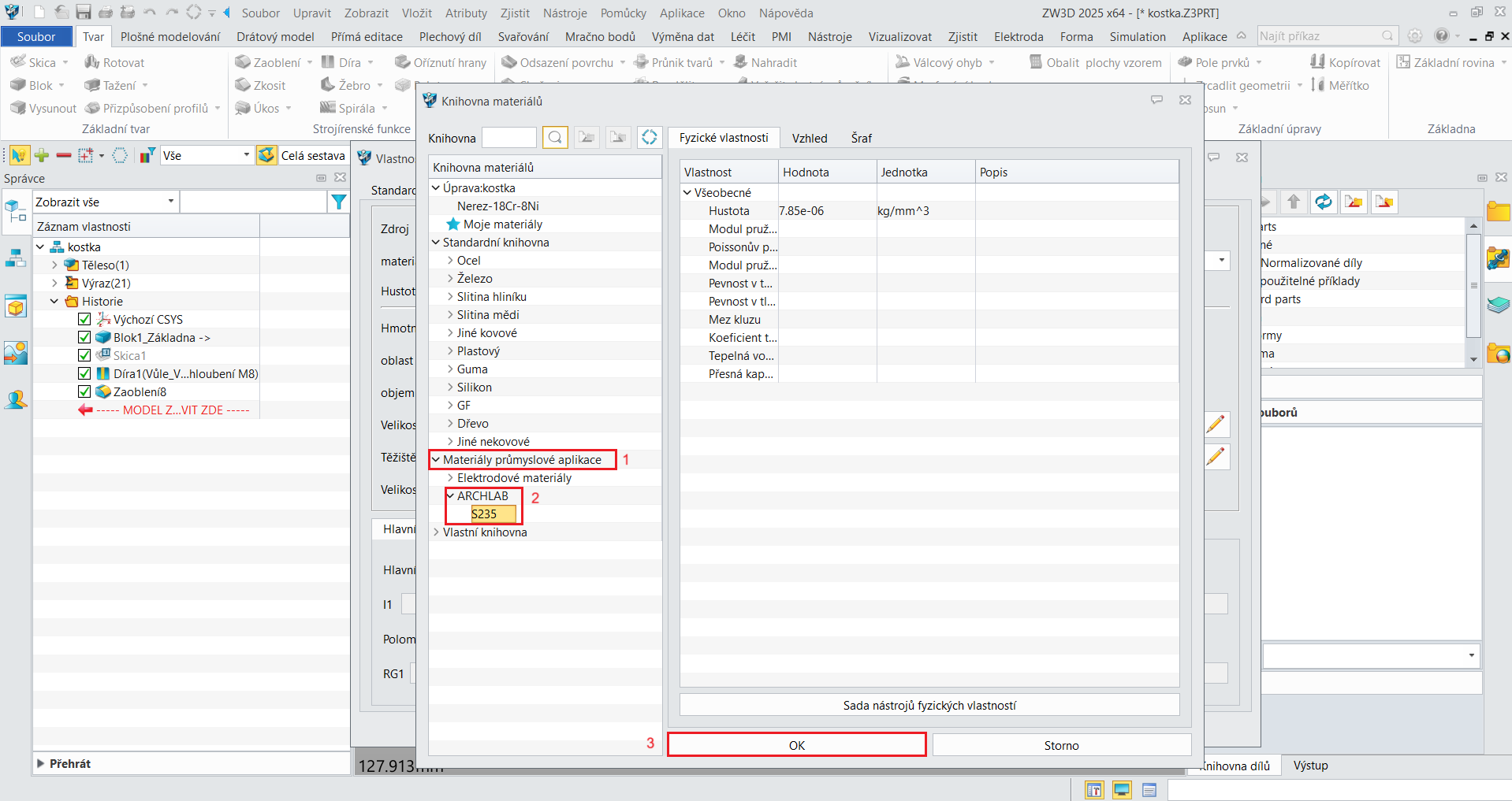 Přidání a nadefinování vlastního materiálu v ZW3D - bod 8