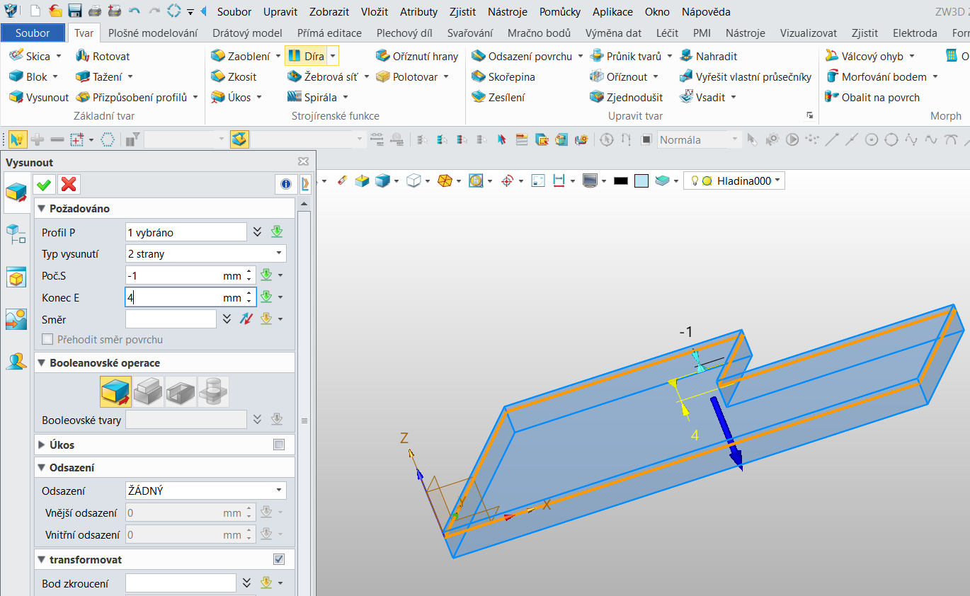 Tvorba vysunutí v ZW3D - typ vysunutí dvě strany
