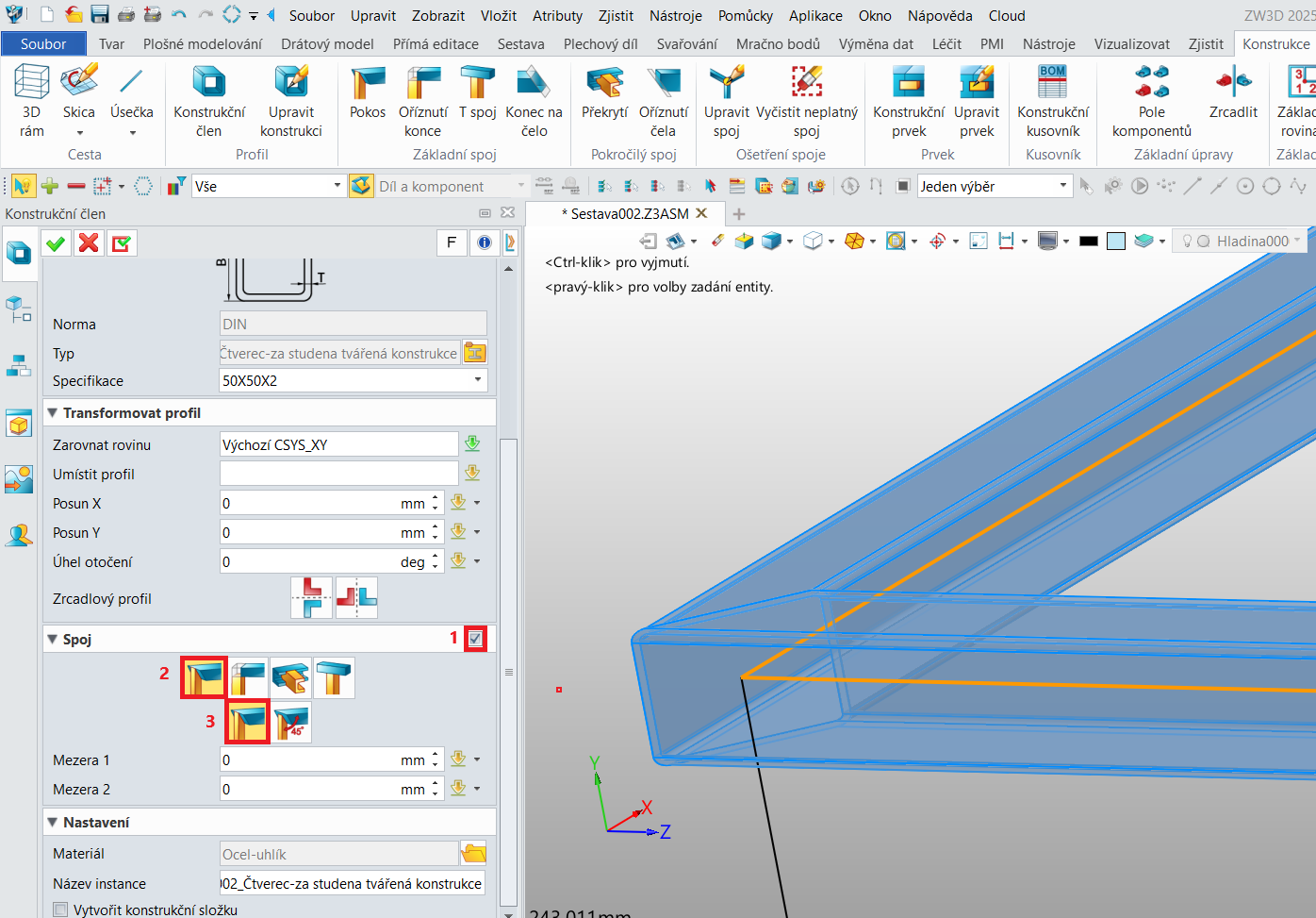 Modul konstrukce v ZW3D - definování spojů