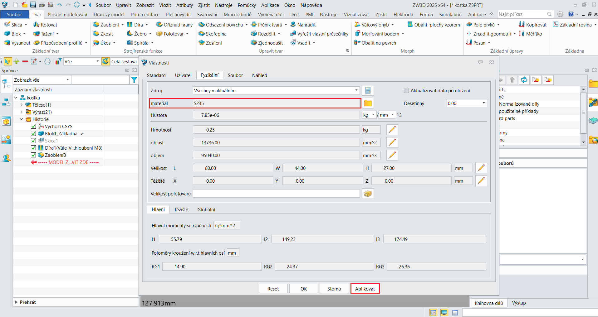 Přidání a nadefinování vlastního materiálu v ZW3D - bod 9