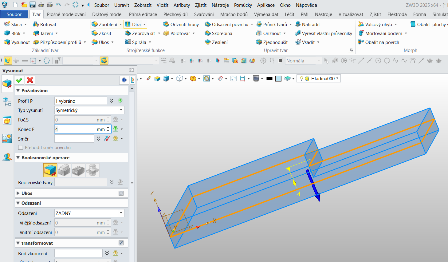 Tvorba vysunutí v ZW3D - typ vysunutí symetrické