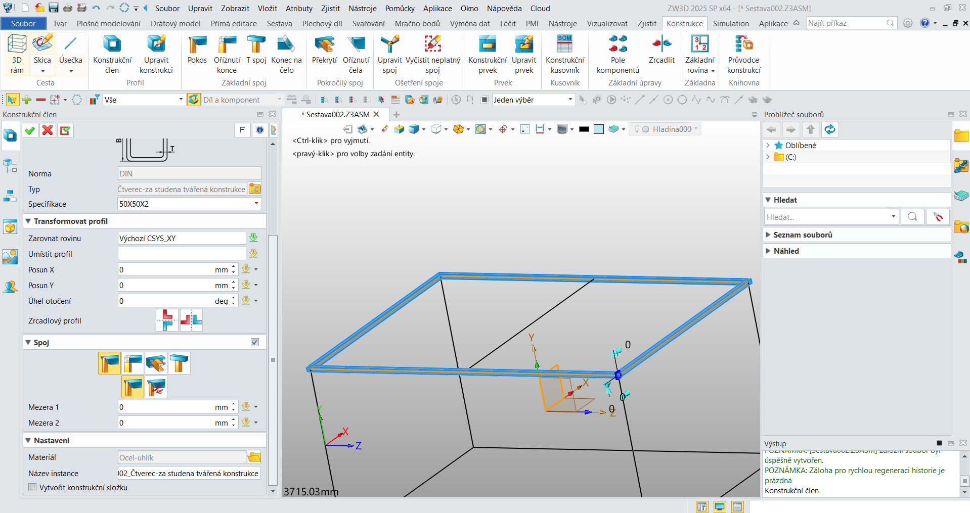 Modul konstrukce v ZW3D - specifikace rozměrů