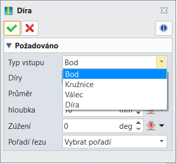 Možnosti výběr vlastností - CAM vrtání