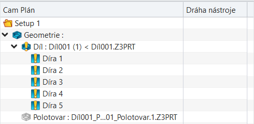 Seznam děr - CAM vrtání