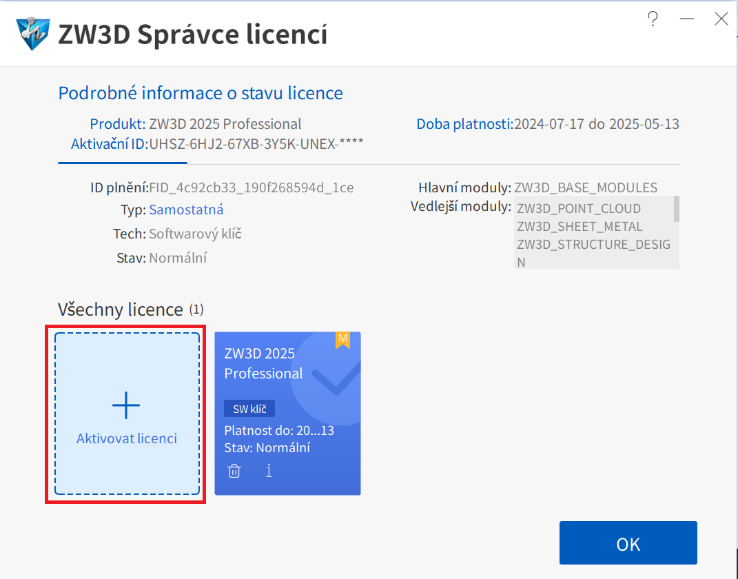 Aktivace licence USB klíč