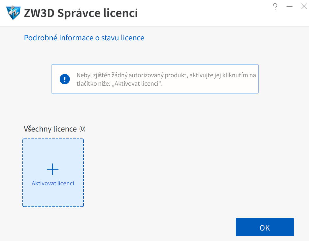 první krok aktivace licence ZW3D