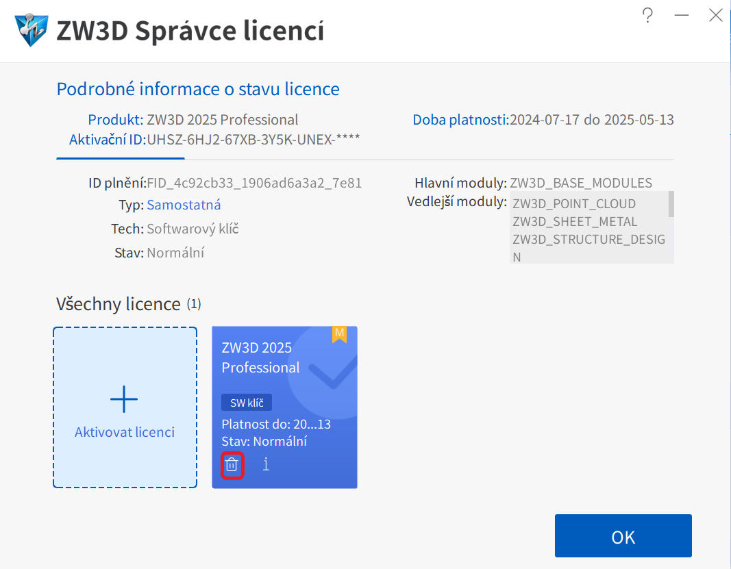 vrácení licence v ZW3D - první krok