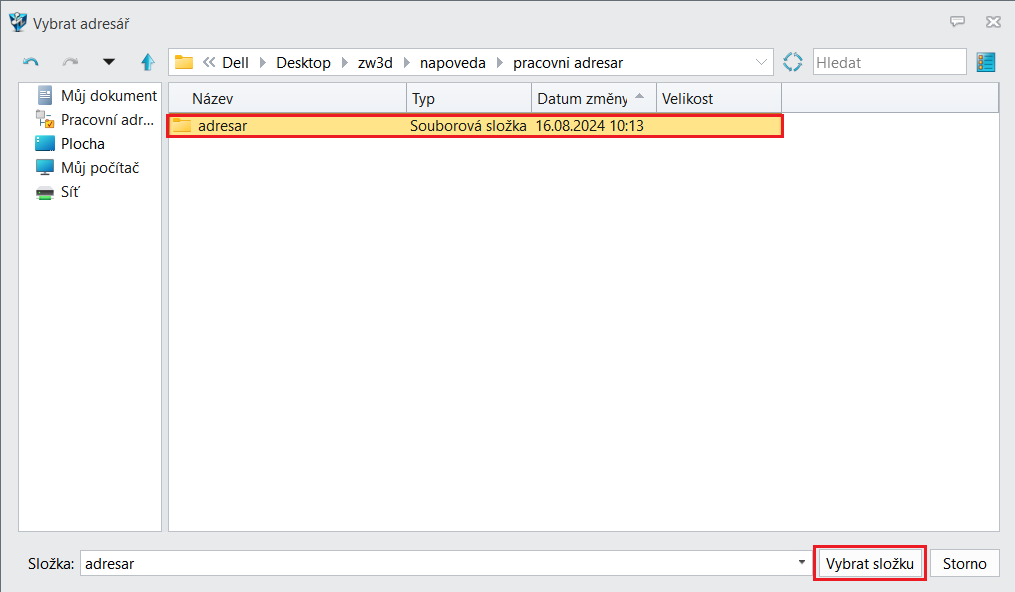 Výběr - Pracovní adresář ZW3D