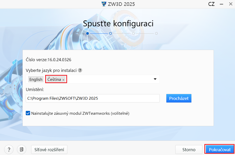 Výběr jazyka při instalaci ZW3D