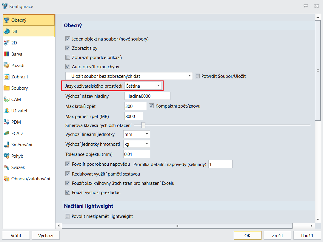Změna jazyka v ZW3D